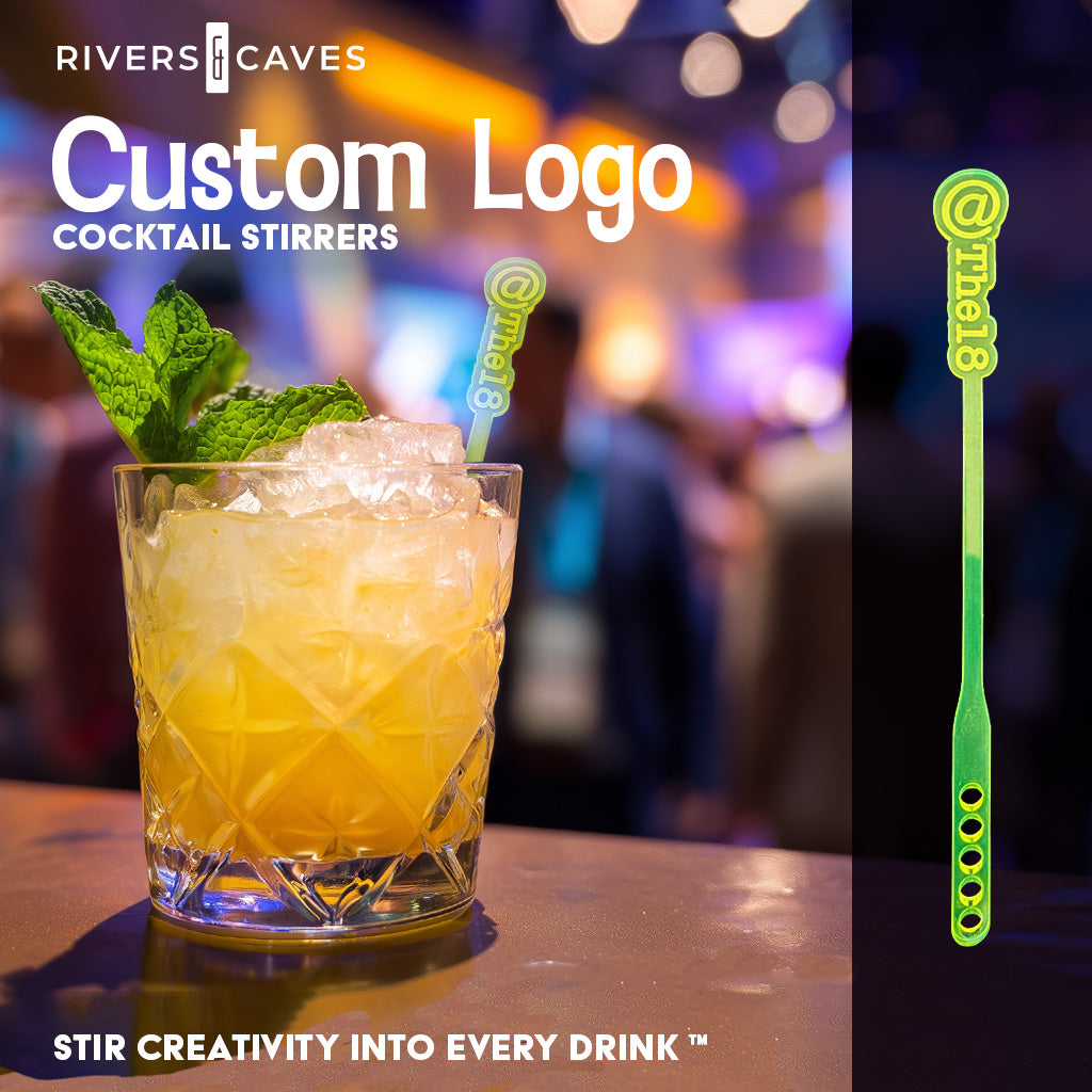 At the 18 custom branded cocktail stirrer in a rocks glass with a corporate reception background.