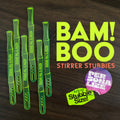 Bamboo Personalized Stubbie Cocktail Stirrers with 'BAM! BOO' text on a dark background