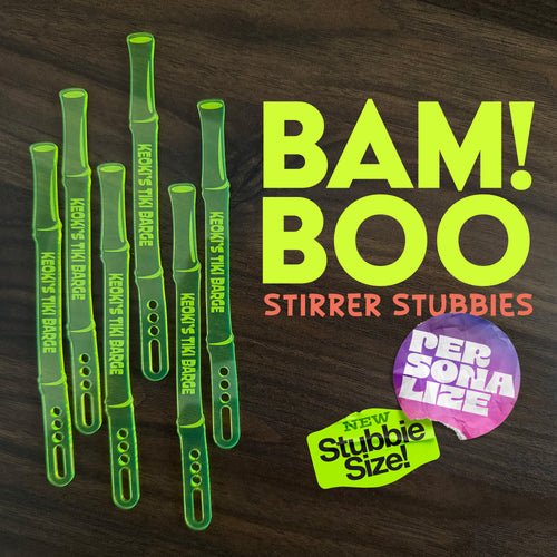 Bamboo Personalized Stubbie Cocktail Stirrers with 'BAM! BOO' text on a dark background