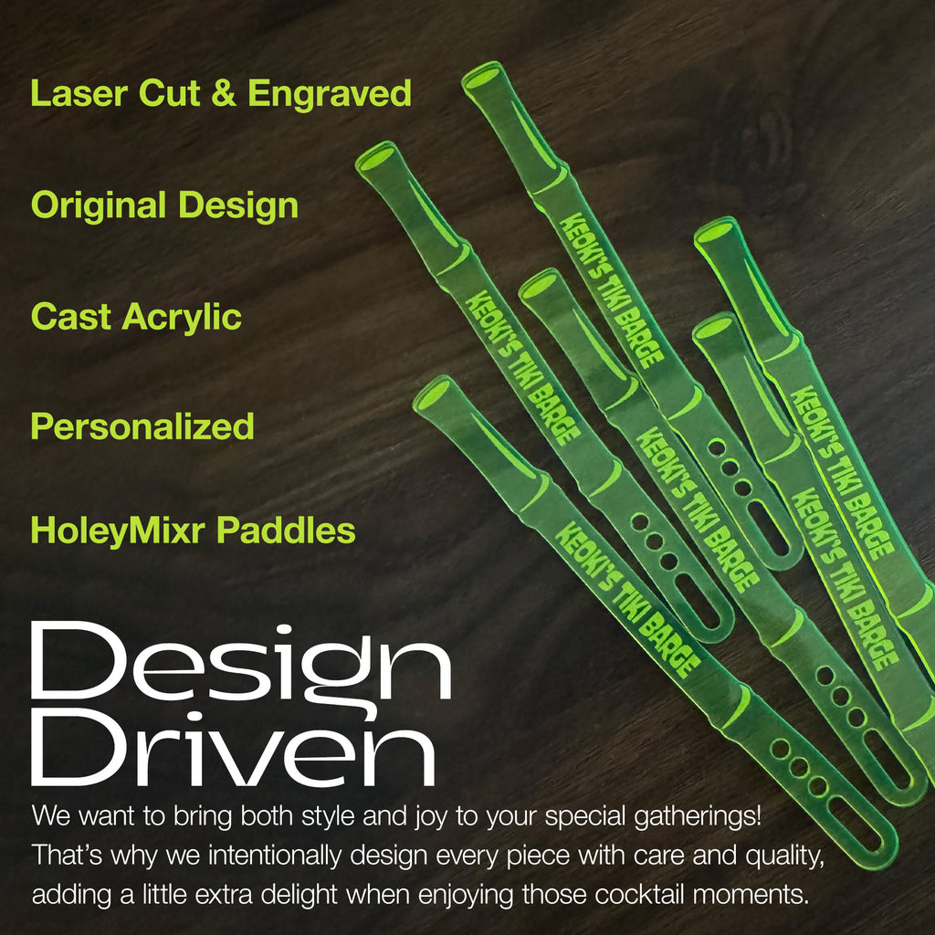 Bamboo Personalized Stubbie Cocktail Stirrers with features text on a dark background