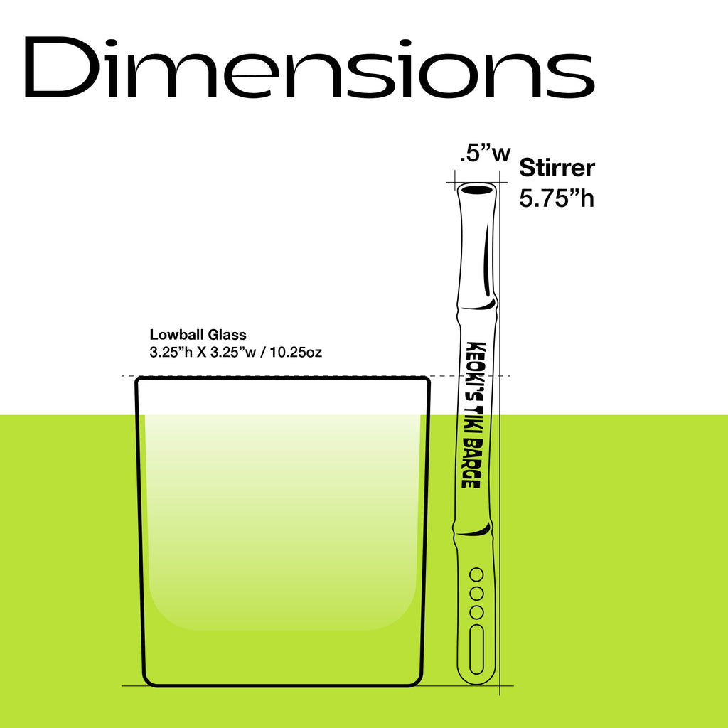 Measurement chart comparing a lowball glass and a Bamboo Personalized Stubbie Cocktail Stirrer with dimensions.