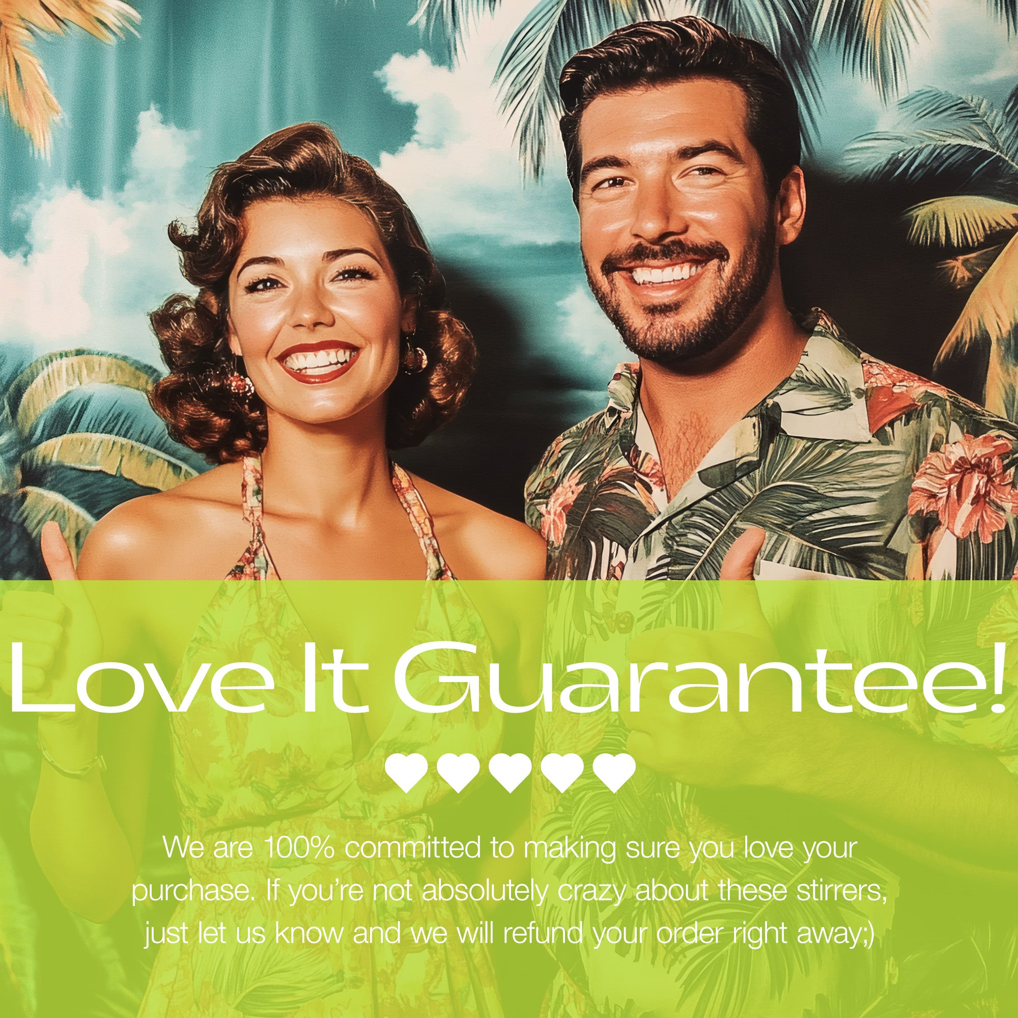 Man and woman in tropical setting with 'Love It Guarantee!' text overlay