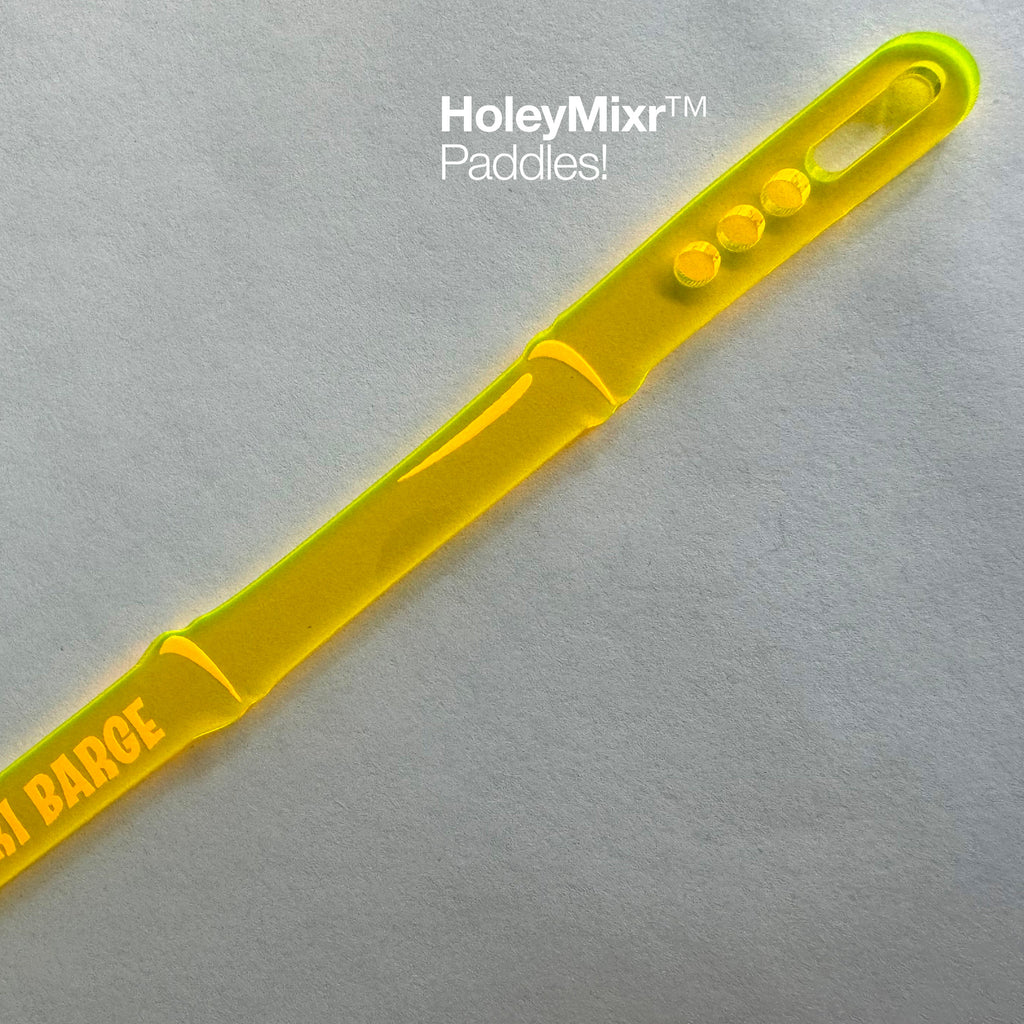 Bamboo Personalized XL Cocktail Stirrer with 'HoleyMixr' end branding on a gray background