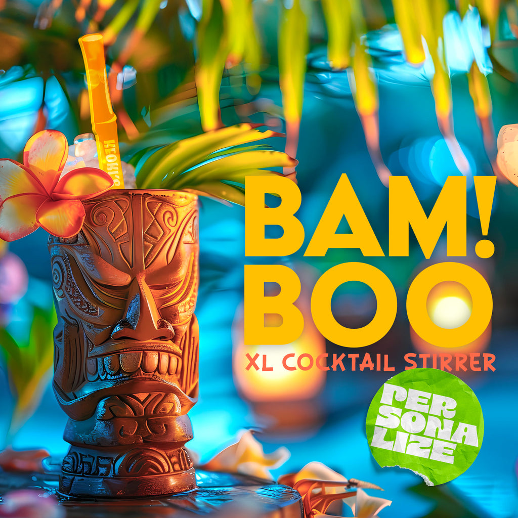 Tiki-style Bamboo Personalized XL Cocktail Stirrers with 'BAM! BOO' text and 'PERSONALIZE' label against a colorful background.