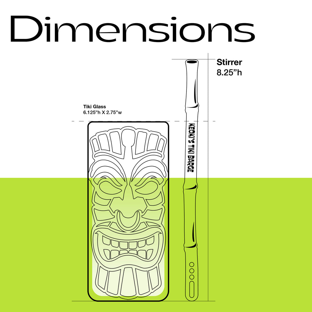 Dimensions of a tiki glass and a Bamboo Personalized XL Cocktail Stirrer with measurements on a white background.