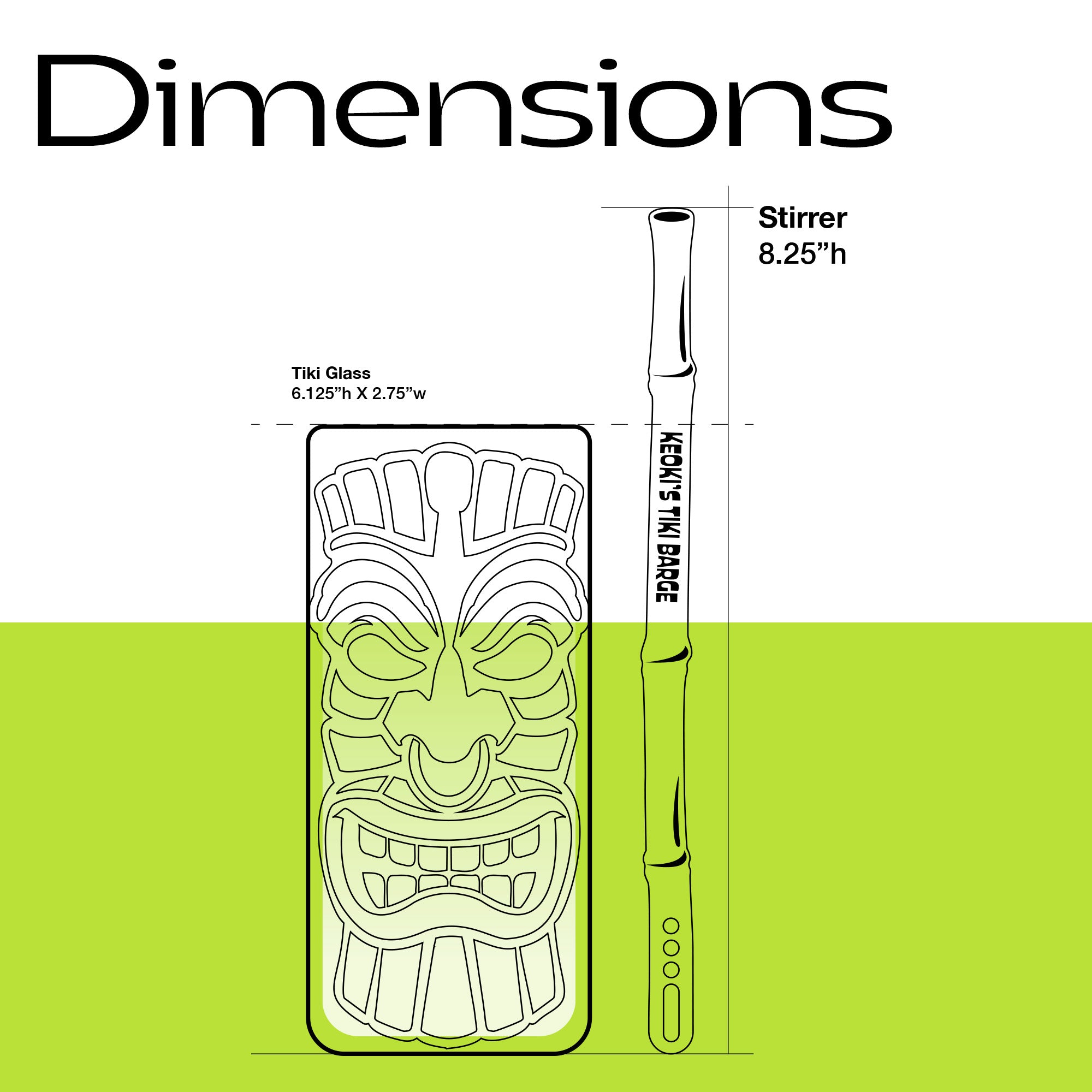Dimensions of a tiki glass and a Bamboo Personalized XL Cocktail Stirrer with measurements on a white background.