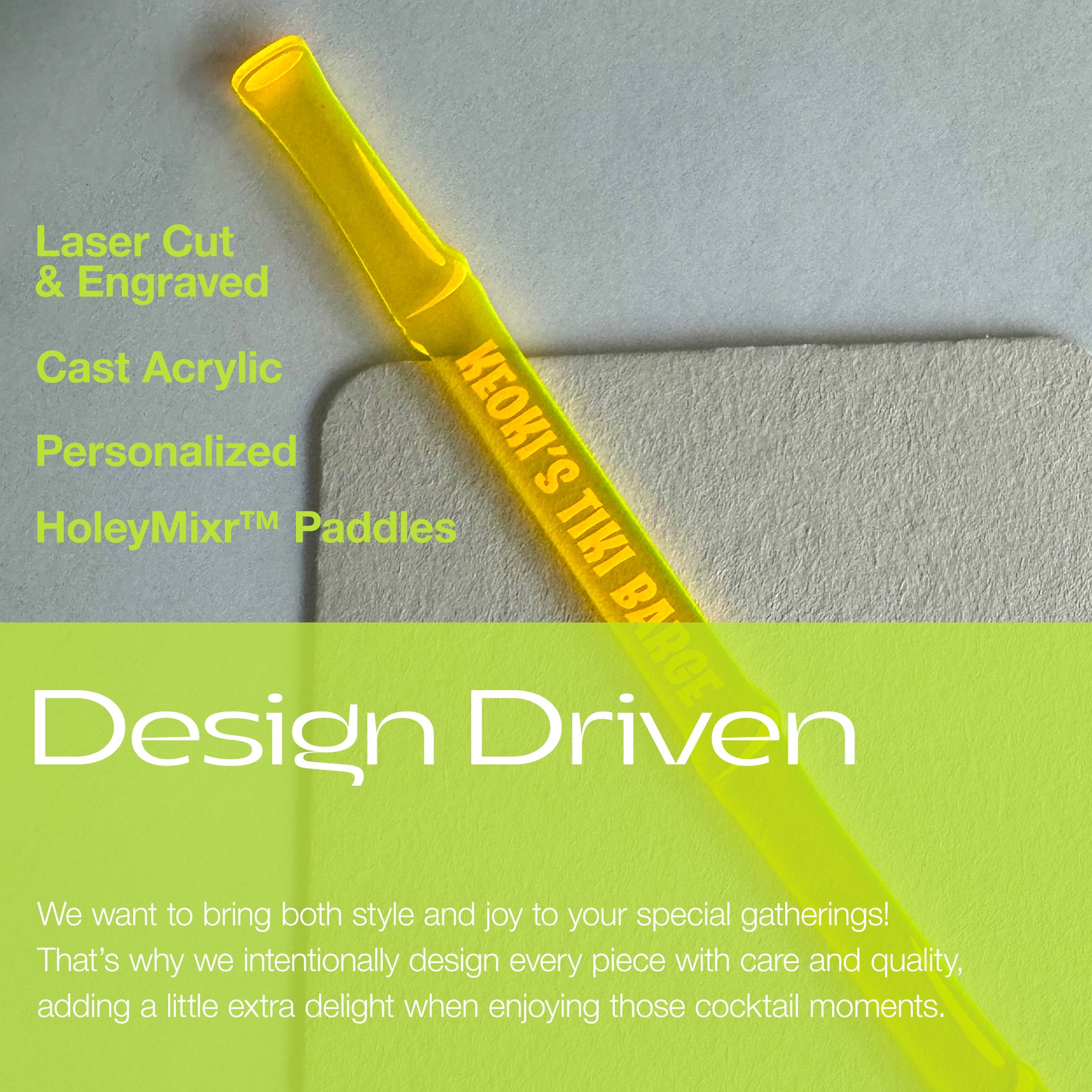 Bamboo Personalized XL Cocktail Stirrers with Features text on a gray background
