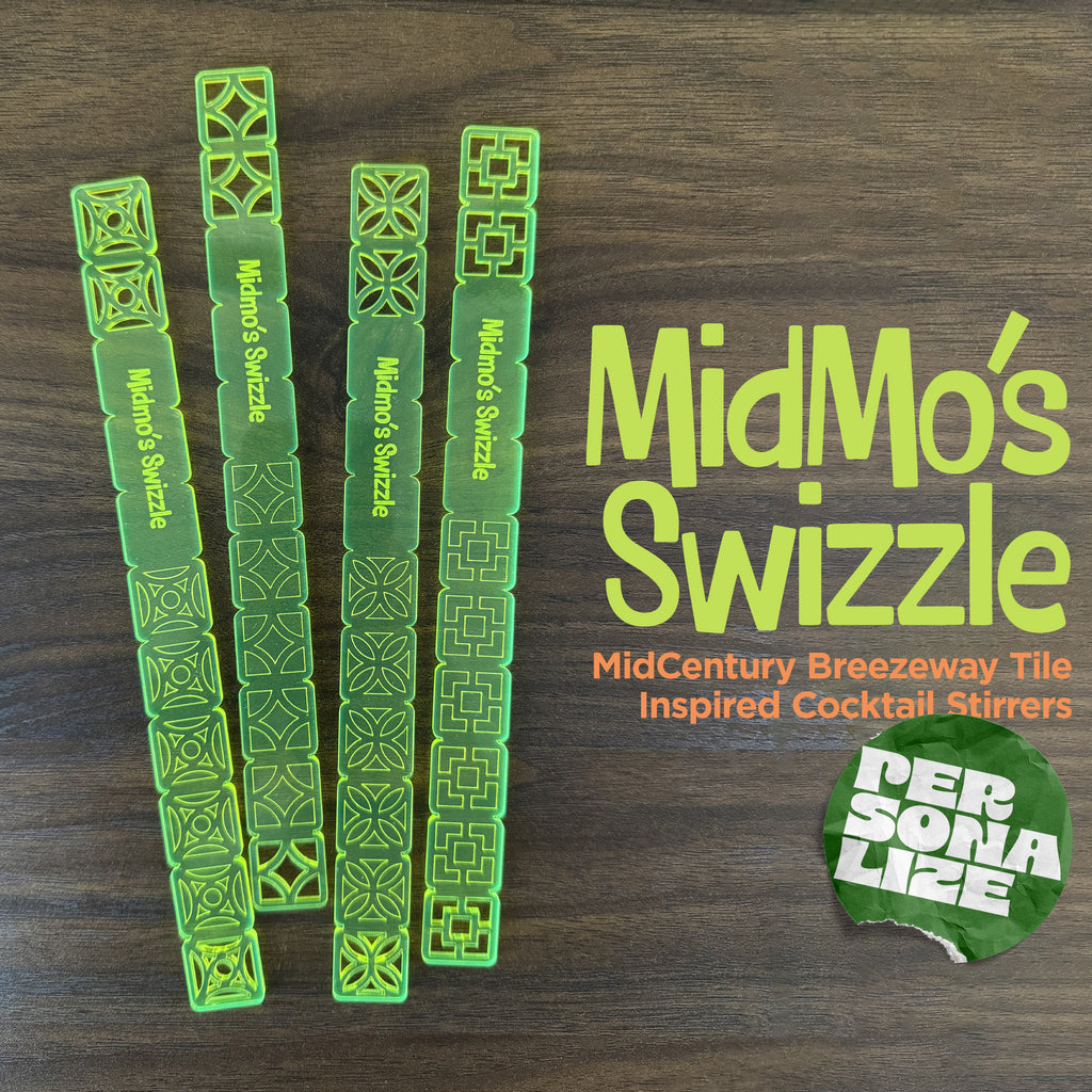 Breezeway Tile Mid-Century Modern Personalized XL Drink Stirrers with 'MidMo's Swizzle' branding on a wooden surface.