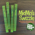 Breezeway Tile Mid-Century Modern Personalized XL Drink Stirrers with 'MidMo's Swizzle' branding on a wooden surface.