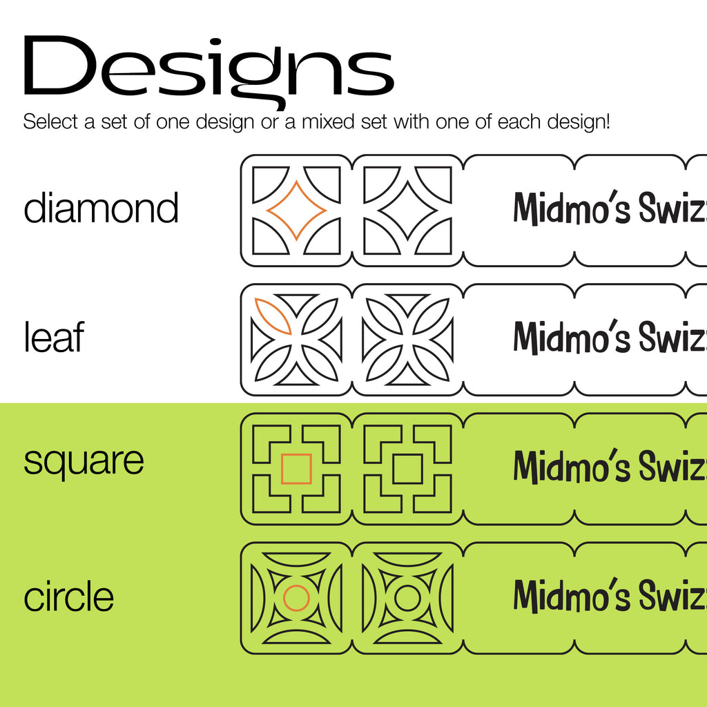 Design selection chart for Breezeway Tile Mid-Century Modern Personalized XL Drink Stirrers with diamond, leaf, square, and circle patterns.