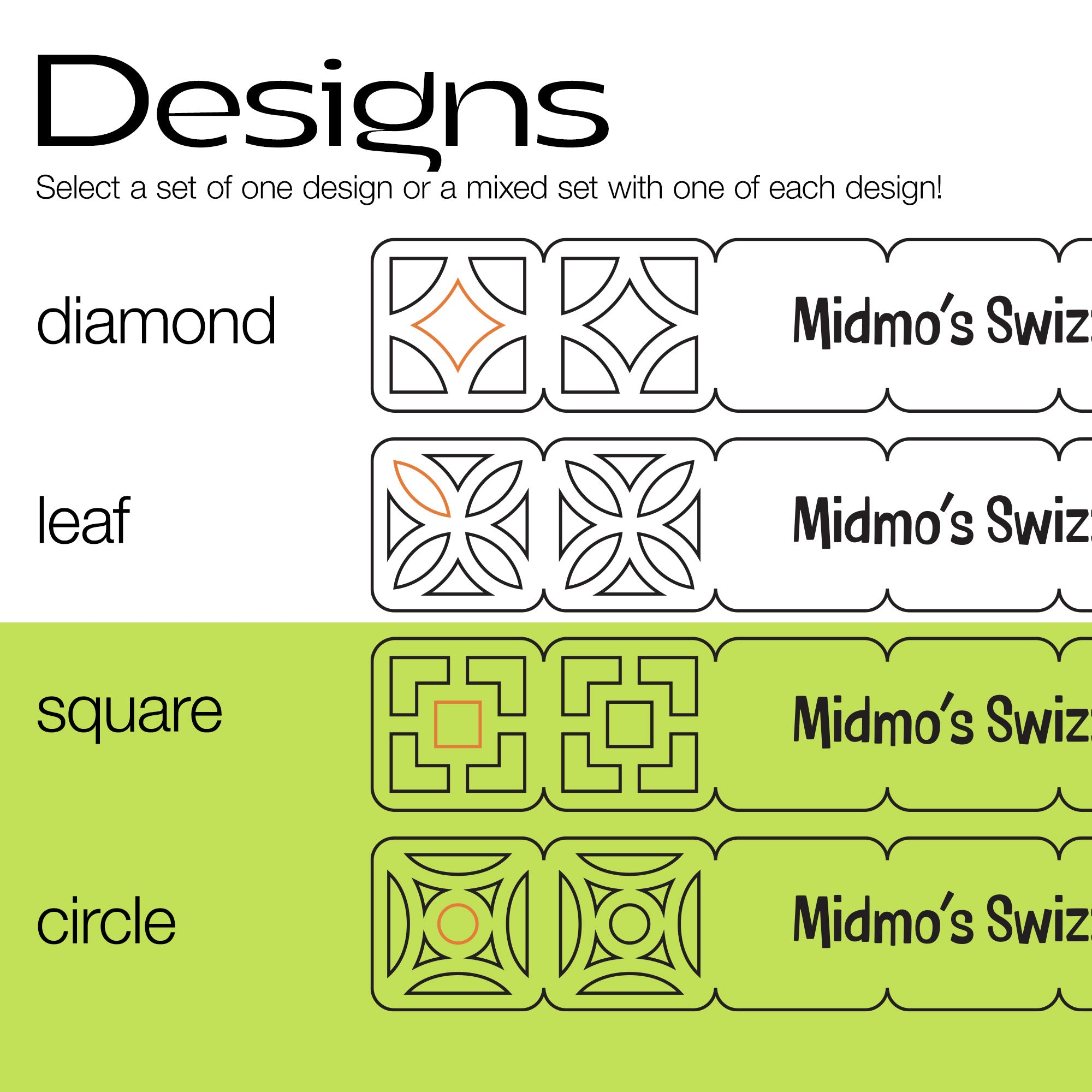 Design selection chart for Breezeway Tile Mid-Century Modern Personalized XL Drink Stirrers with diamond, leaf, square, and circle patterns.