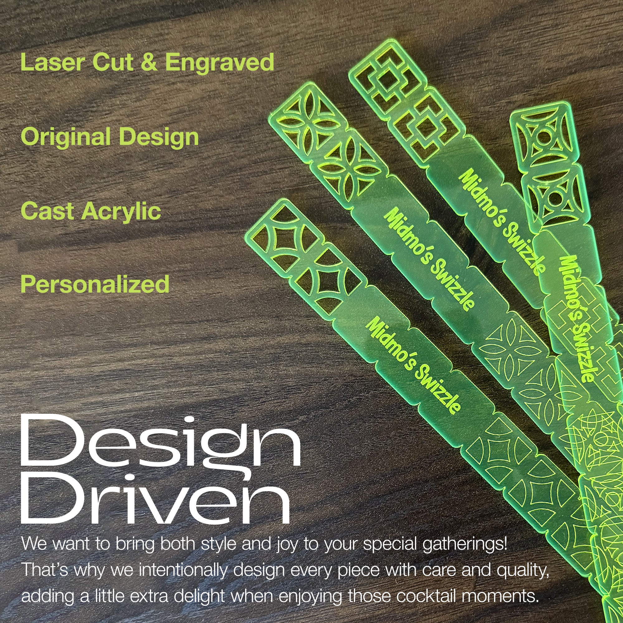 Breezeway Tile Mid-Century Modern Personalized XL Drink Stirrers on a wooden surface with text about product features and brand message.