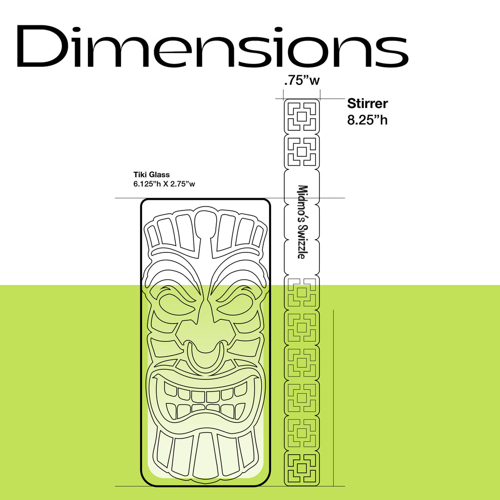 Dimensions of a tiki glass and a Breezeway Tile Mid-Century Modern Personalized XL Drink Stirrer with a green accent
