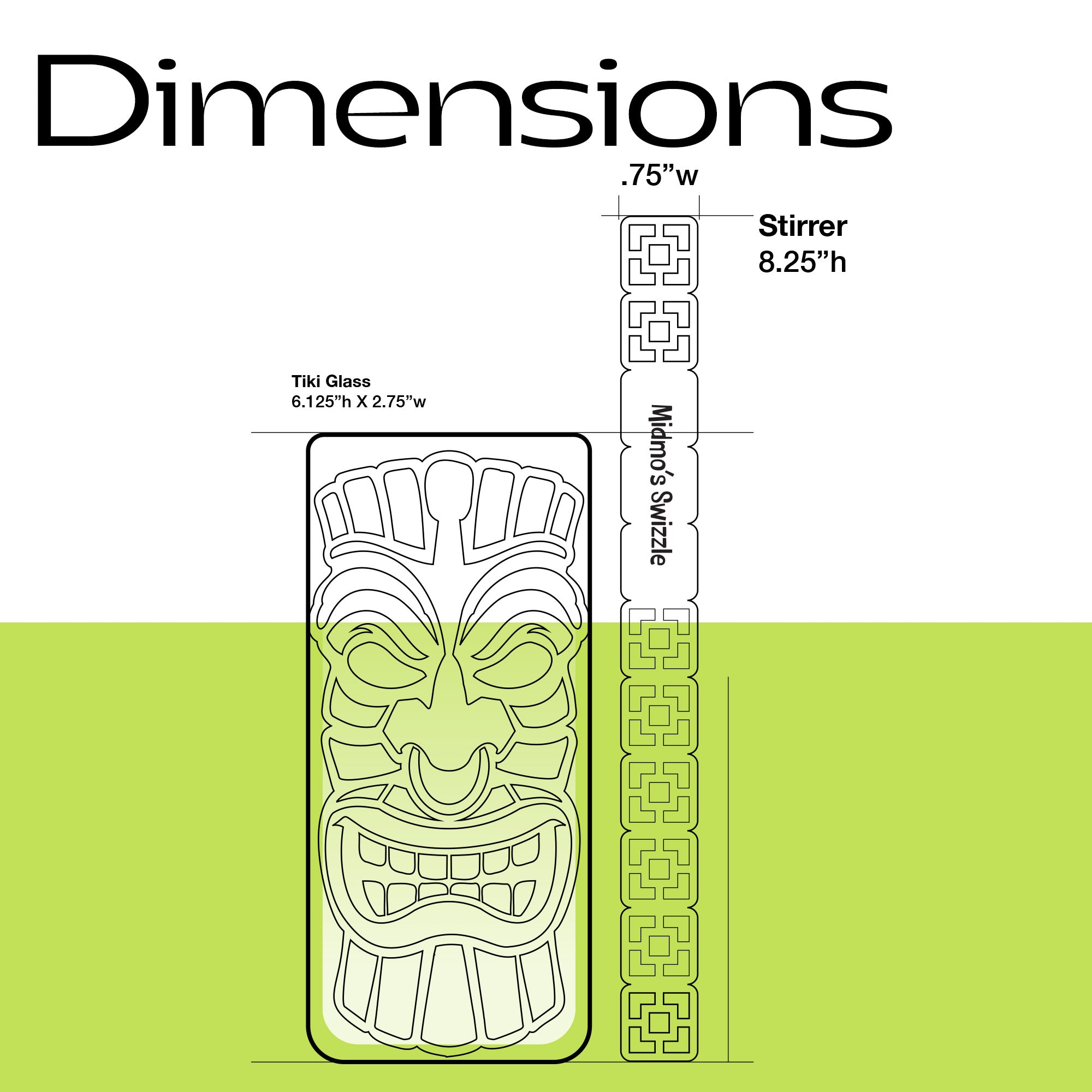 Dimensions of a tiki glass and a Breezeway Tile Mid-Century Modern Personalized XL Drink Stirrer with a green accent