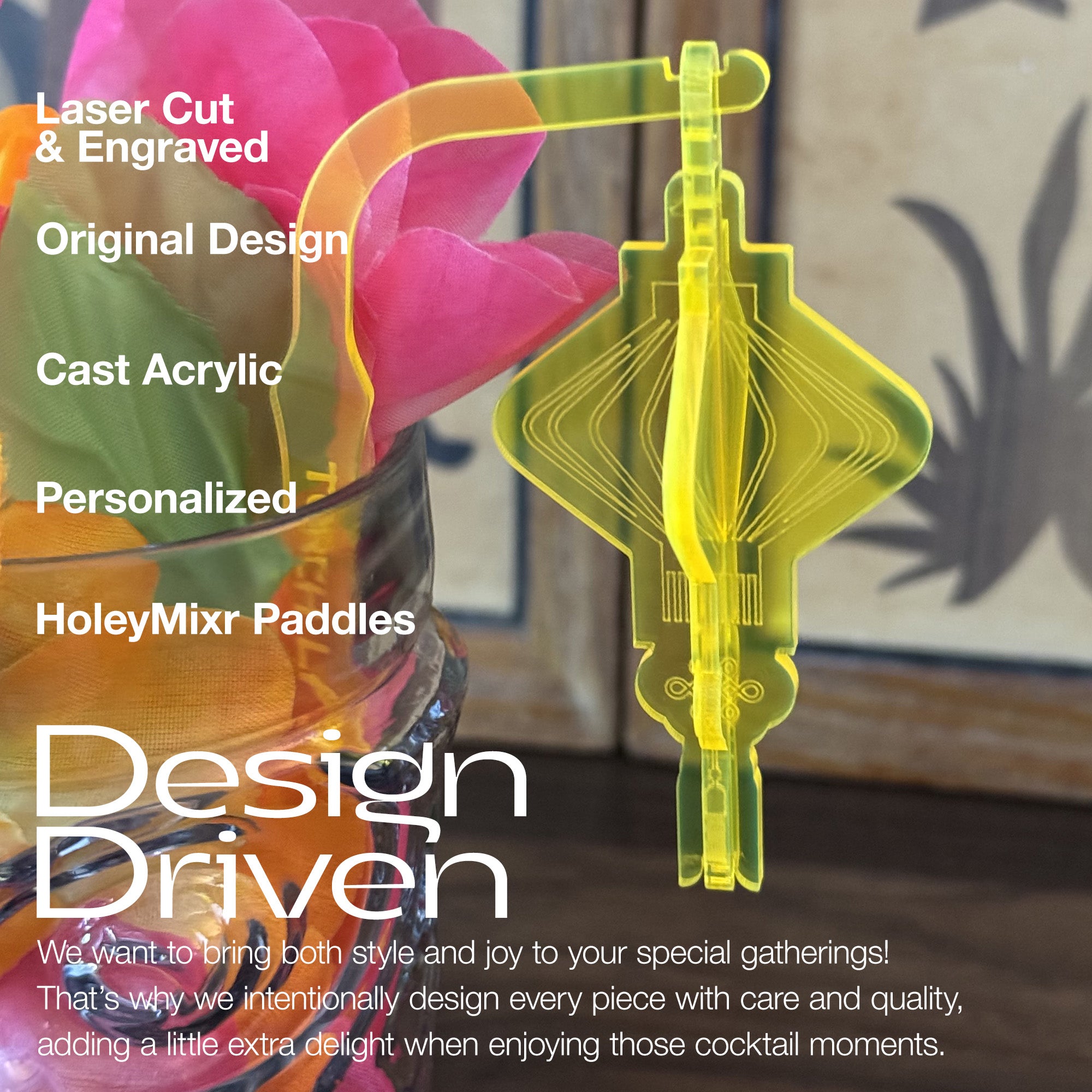 Chinese Lantern "Torch Lagoon" Personalized Swizzle Stick with colorful design and text about laser cutting, engraving, and personalization.