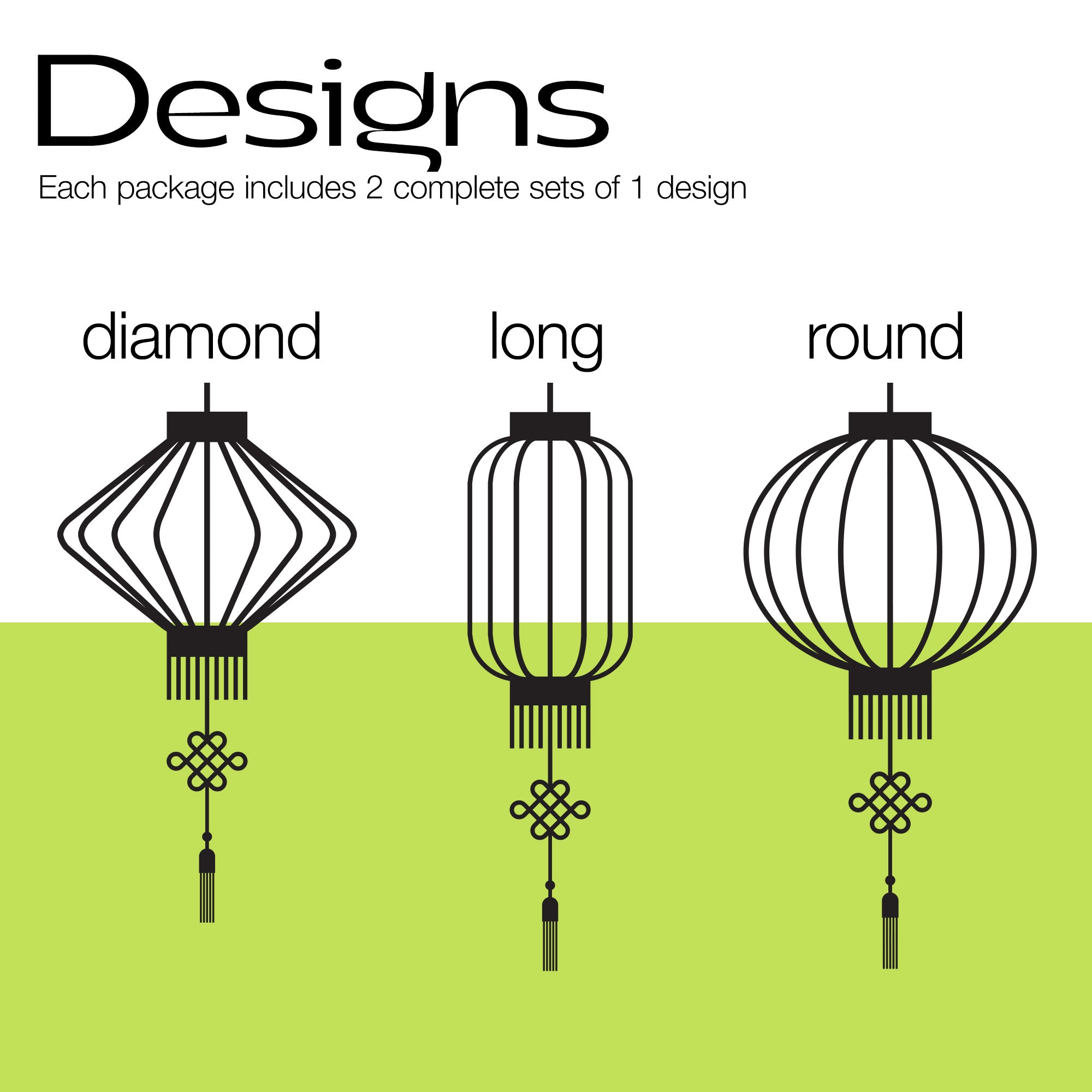 Chinese Lantern "Torch Lagoon" Personalized Swizzle Stick, three options of decorative lanterns labeled 'diamond', 'long', and 'round' on a white background with green base.