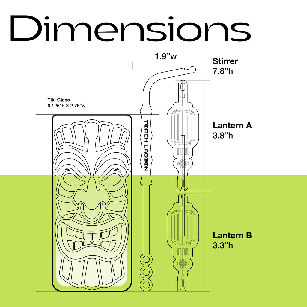 Dimensions of a tiki glass, and a Chinese Lantern "Torch Lagoon" Personalized Swizzle Stick on a white background with green gradient and dimensions.
