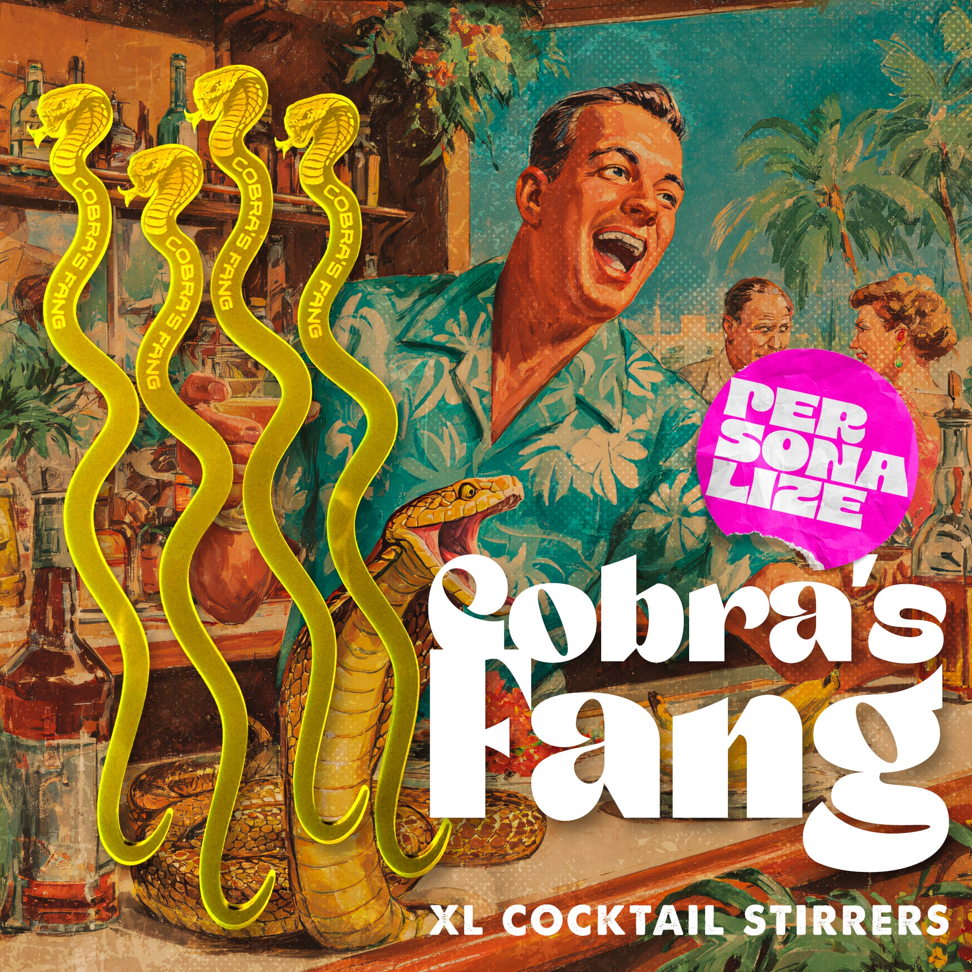 Cocktail stirrer packaging with a vintage bar scene and Cobra's Fang Personalized XL Swizzle Sticks