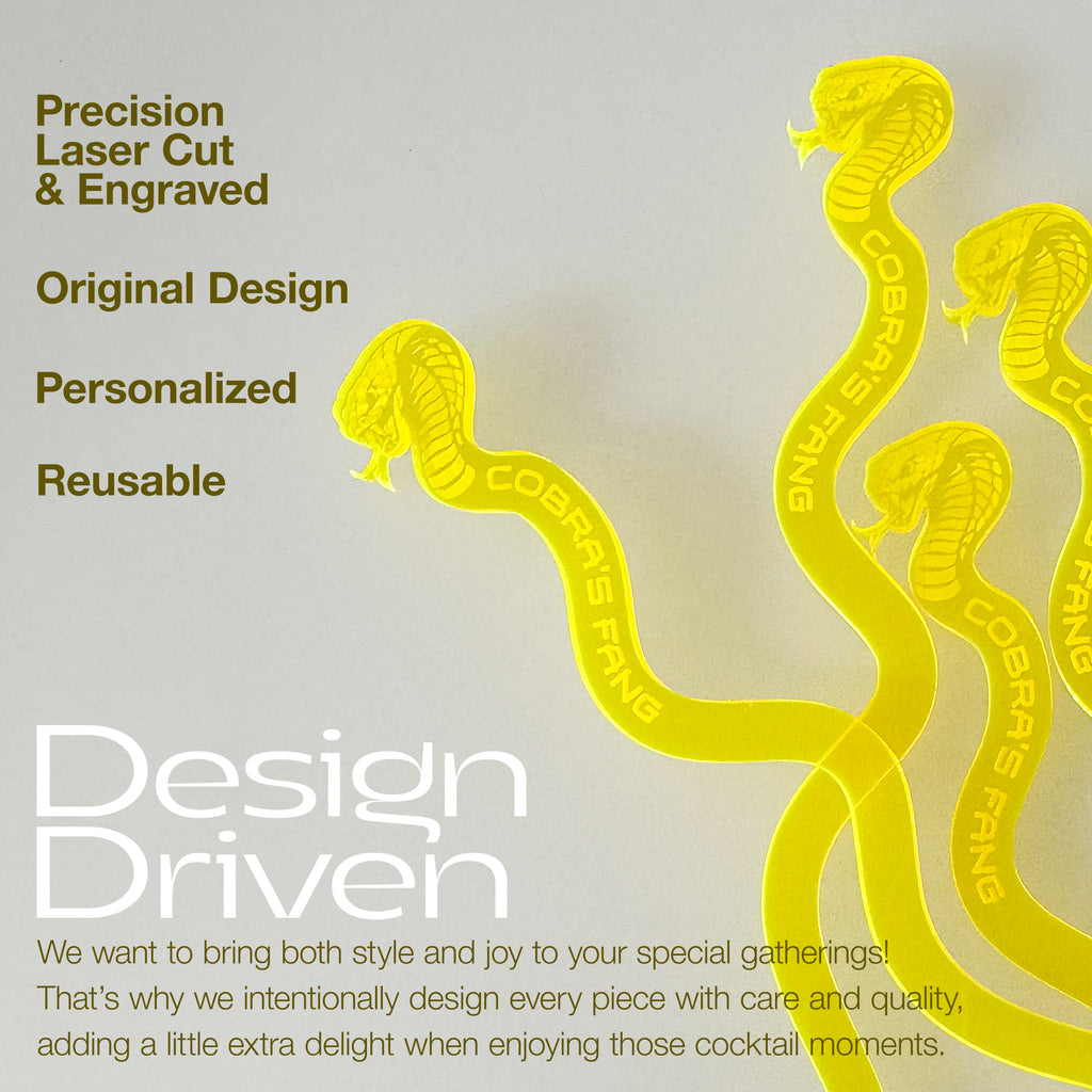 Cobra's Fang Personalized XL Swizzle Sticks with product features text on a light gray background