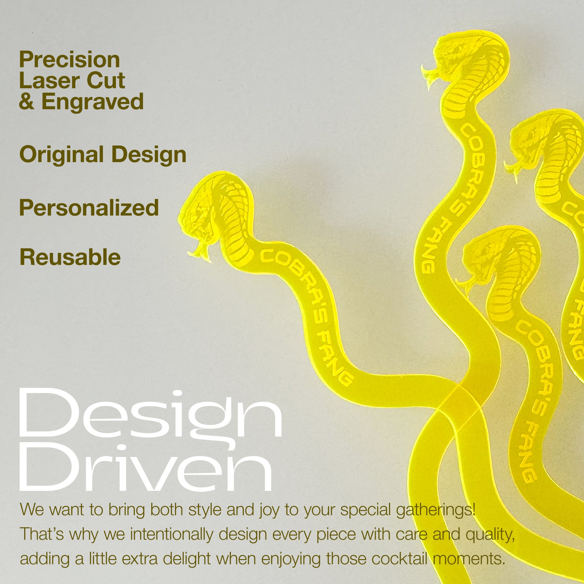 Cobra's Fang Personalized XL Swizzle Sticks with product features text on a light gray background