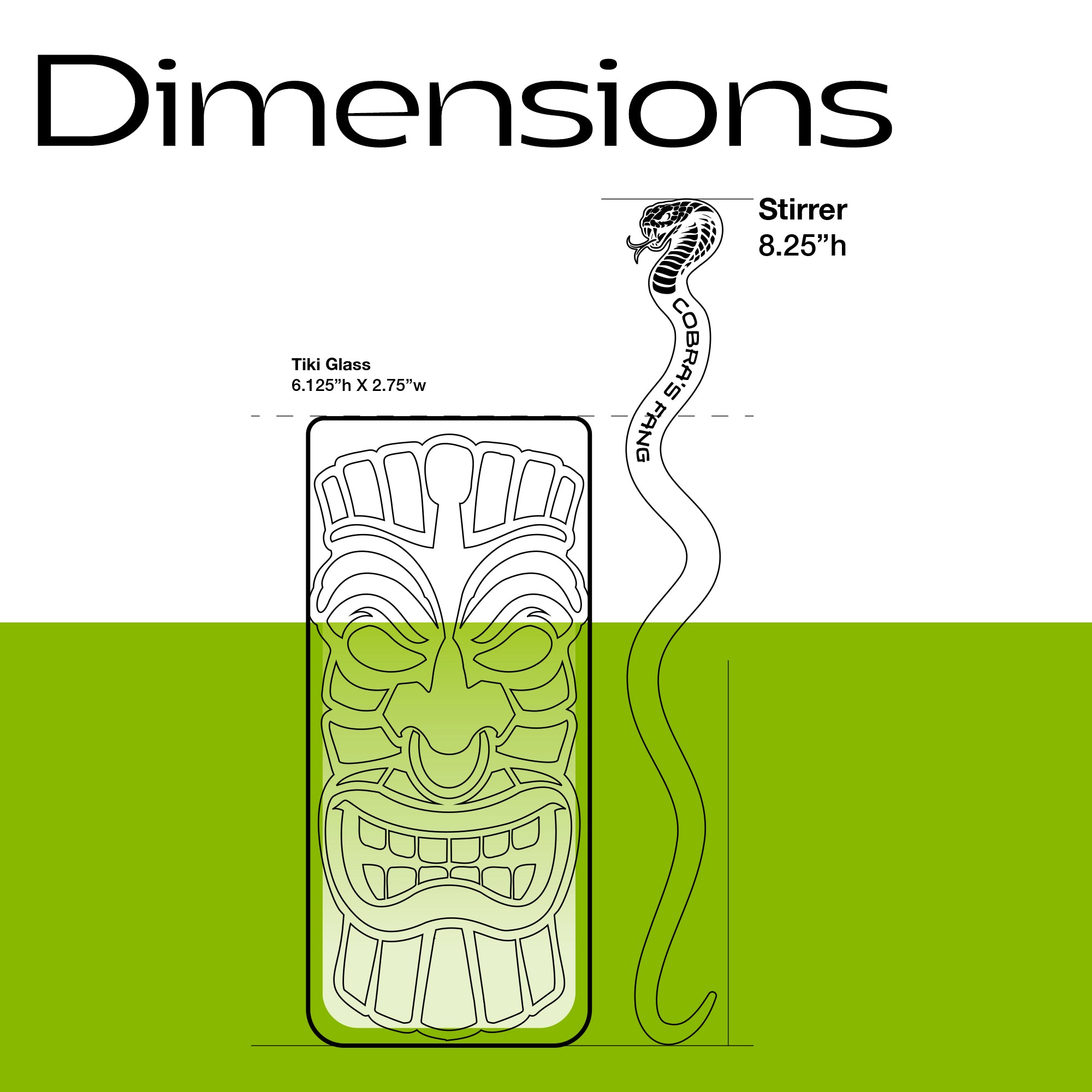 Dimensions of a tiki glass and Cobra's Fang Personalized XL Swizzle Stick with measurements on a white background.