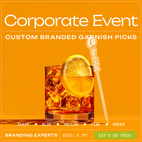 Custom logo branded garnish picks for corporate events, featuring a clear straw with a RedHat logo printed on it, shown in a glass of iced cocktail with a lemon slice against a bright orange background.