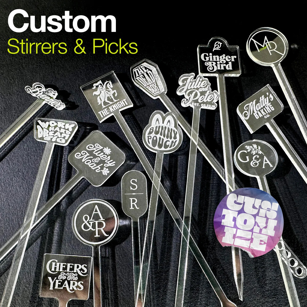 Collection of personalized drink stirrers and custom picks with various custom logos on a dark background. The words Custom stirrers and Picks is on the top left and a "Customize" badge is on the bottom right