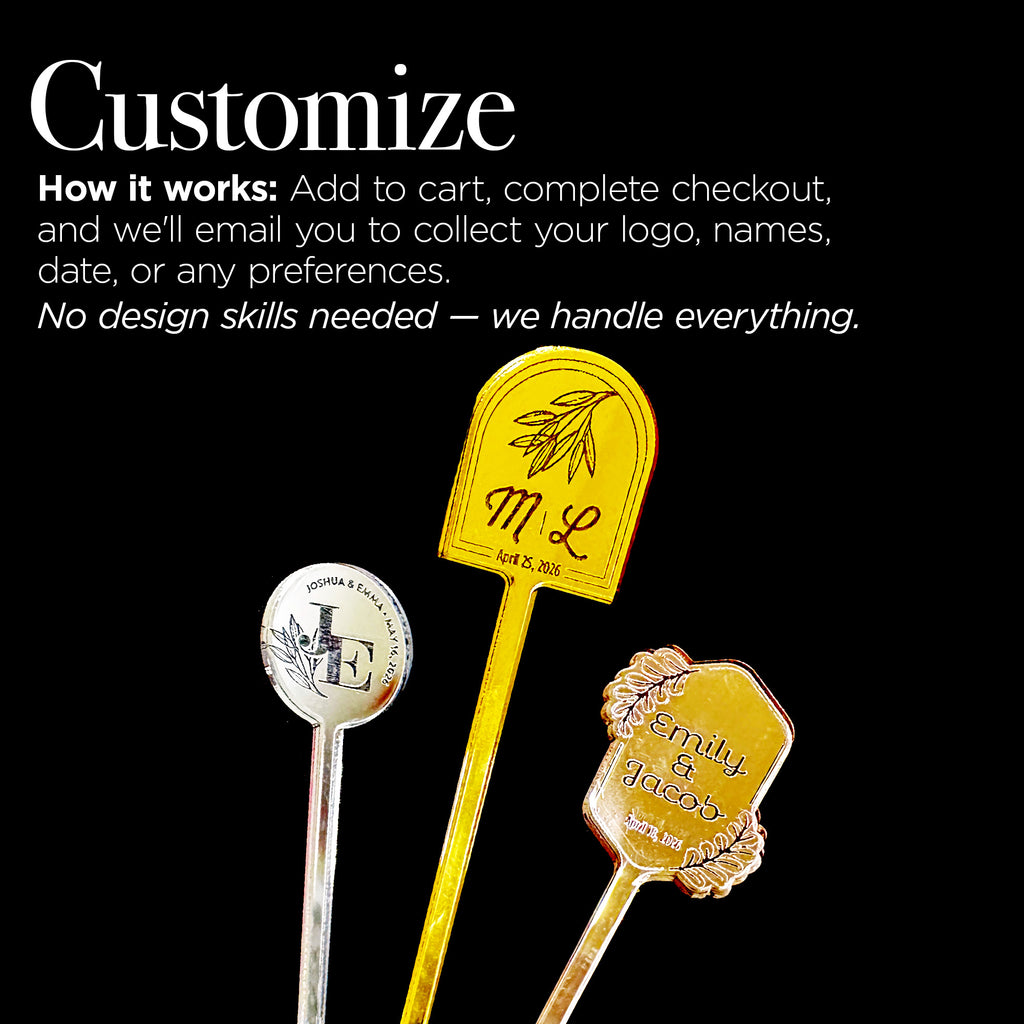 Personalized Mirror Wedding Cocktail Stirrers — Custom Made for Your Special Day