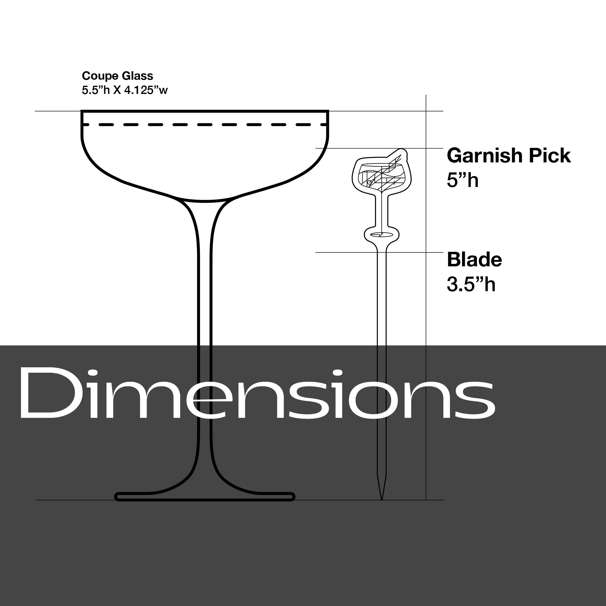 Diagram showing dimensions of a coupe glass, Daiquiri Garnish Pick, and blade.