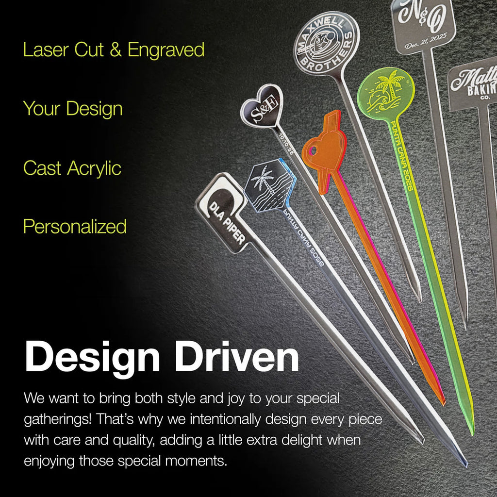 Colorful personalized stir sticks with brand logos on a dark background, featuring text about customization and quality.