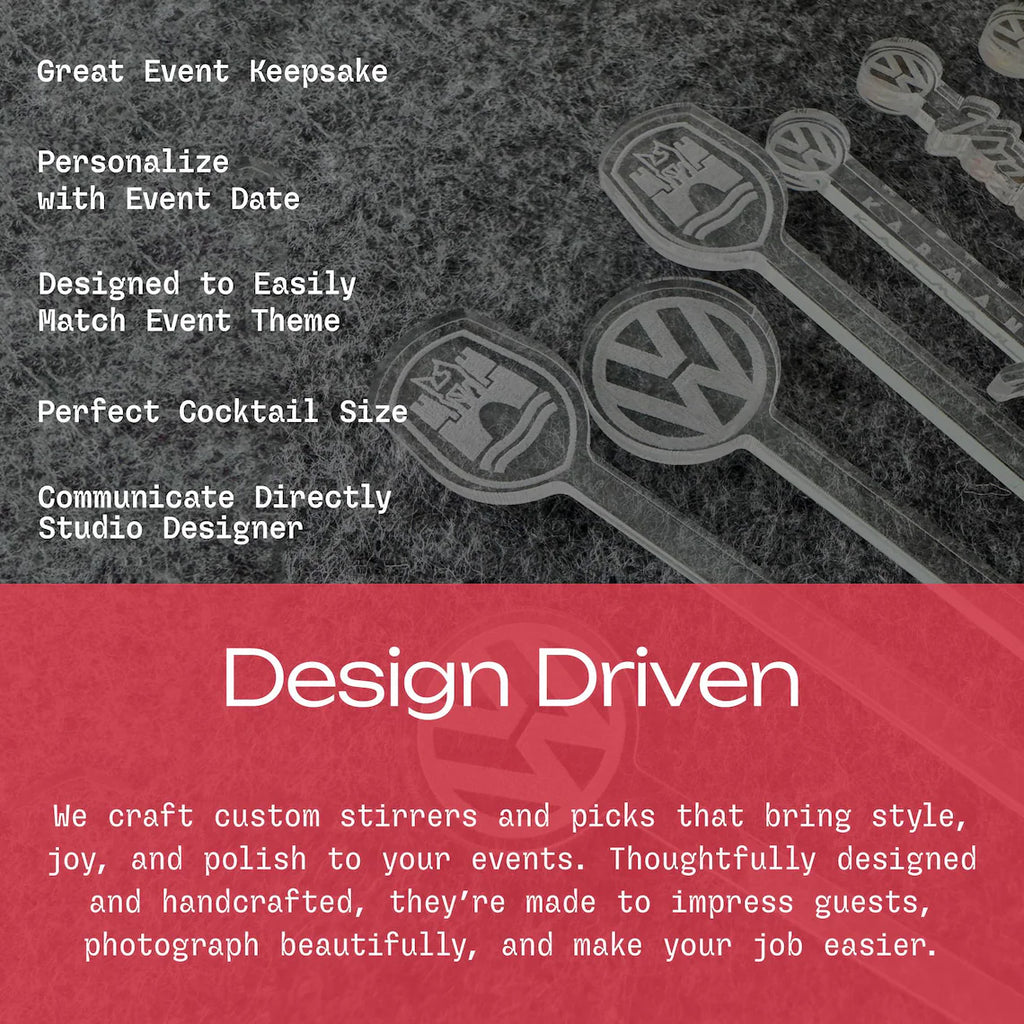 Cocktail stirrers with branding on a textured background, featuring text about event keepsakes and design-driven customization.