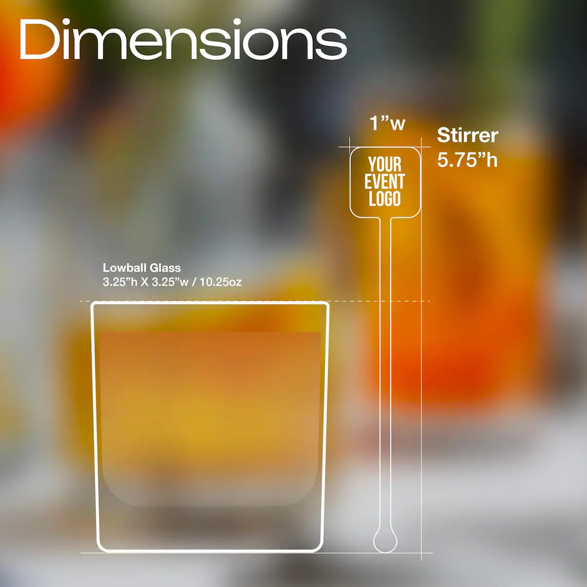 Blurred background with glassware dimensions and 'Dimensions' text overlay