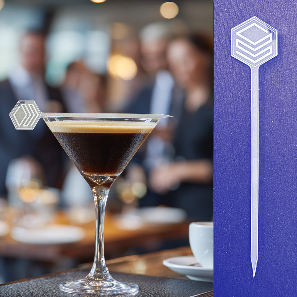 Branded custom swizzle stick in a crystal rocks glass at a corporate product launch