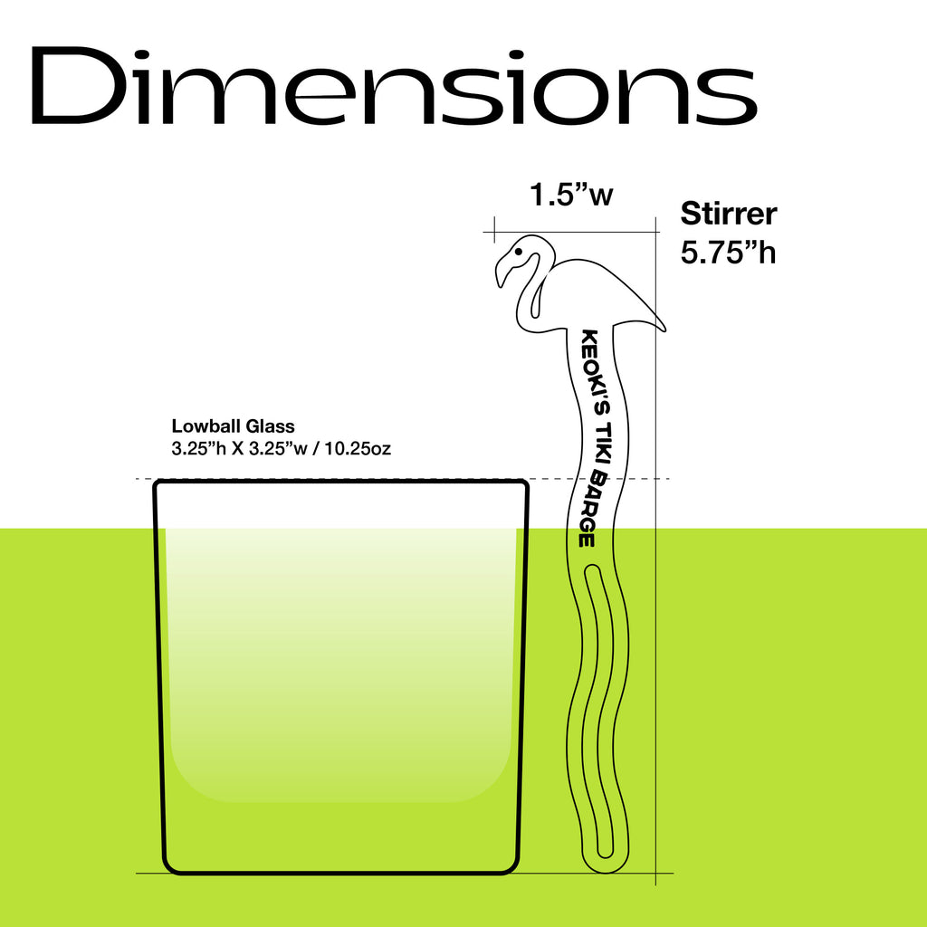 A dimension diagram showing a Flamingo Personalized Stubbie Swizzle Stick and a lowball glass with labeled measurements on a white and bright green background.