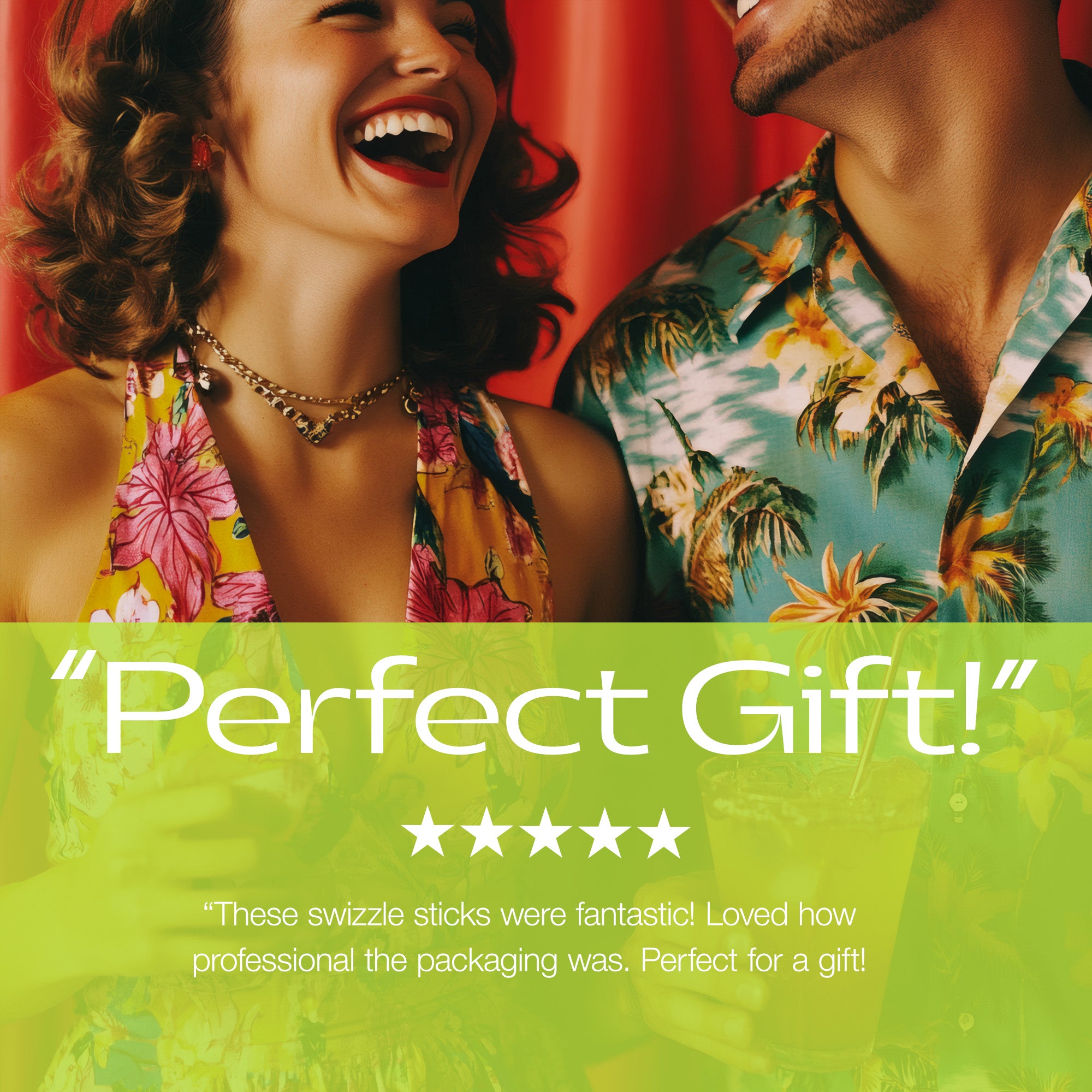 Promotional graphic featuring a smiling woman in a floral halter top and a man in a tropical print shirt against a red curtain background, with a bright green lower banner reading “Perfect Gift!” and a testimonial quote below. Rivers and Caves customer review