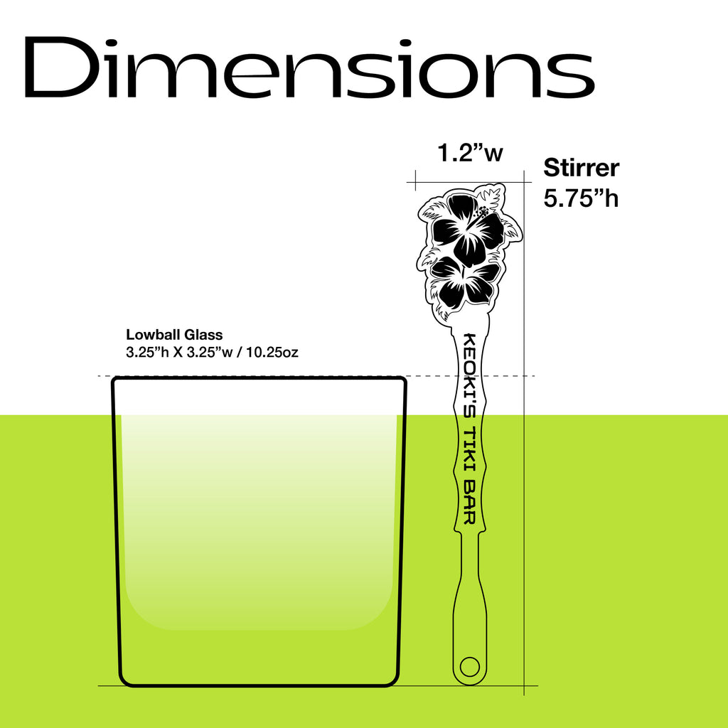 Measurement chart showing dimensions of a Hibiscus Flower Personalized Stubbie Drink Stirrer next to a lowball glass.
