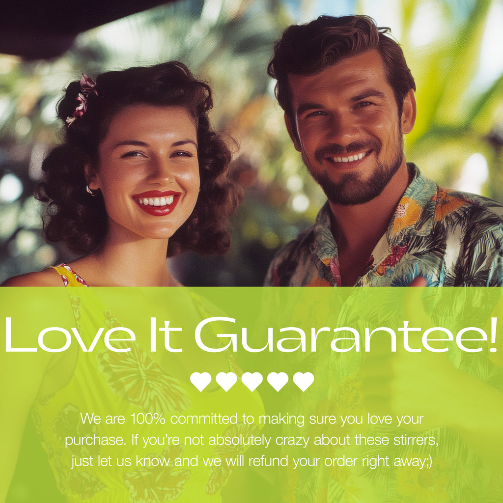 Man and woman smiling with a tropical background and 'Love It Guarantee!' text overlay.