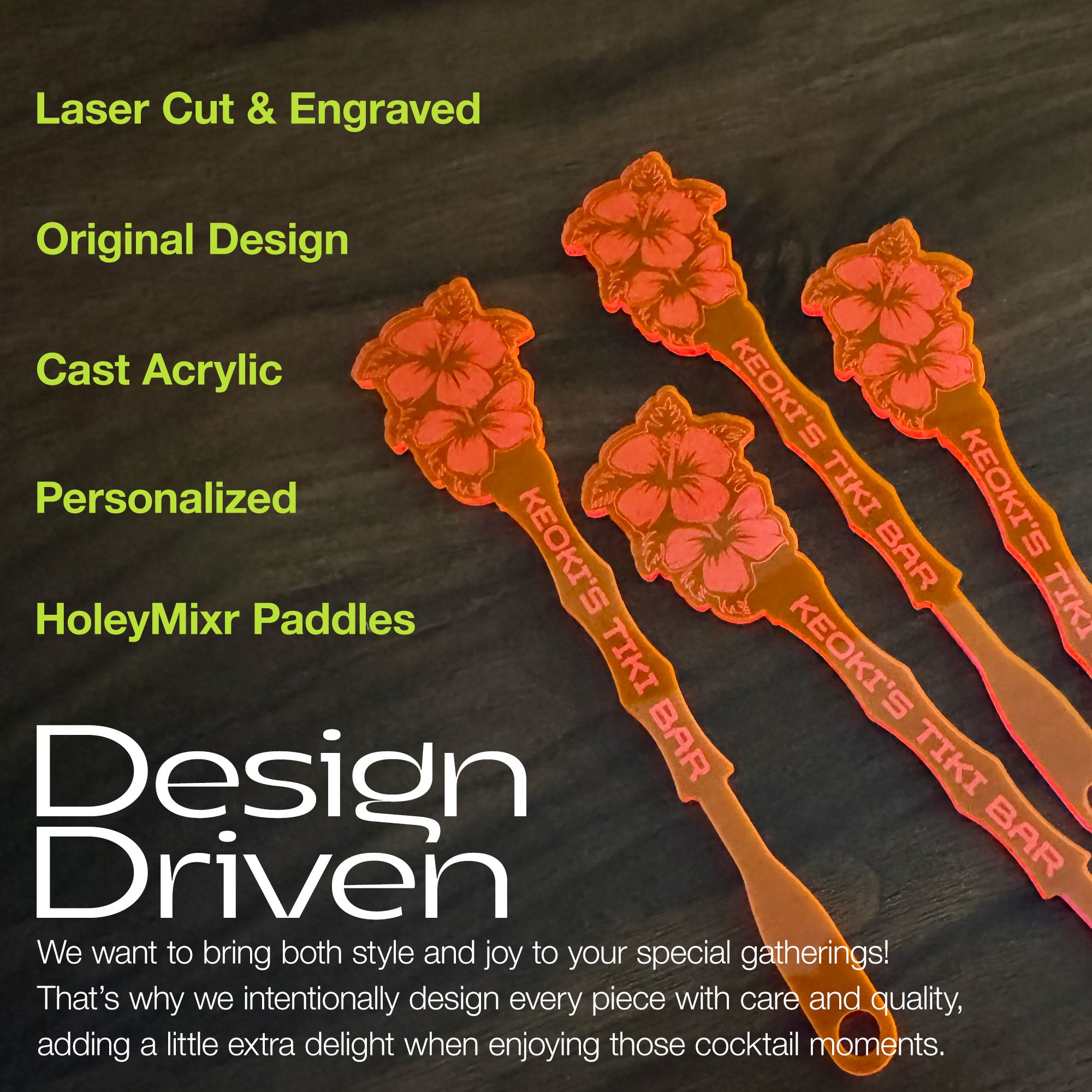 Hibiscus Flower Personalized Stubbie Drink Stirrer with floral design on a dark background, featuring text about product features and brand message.