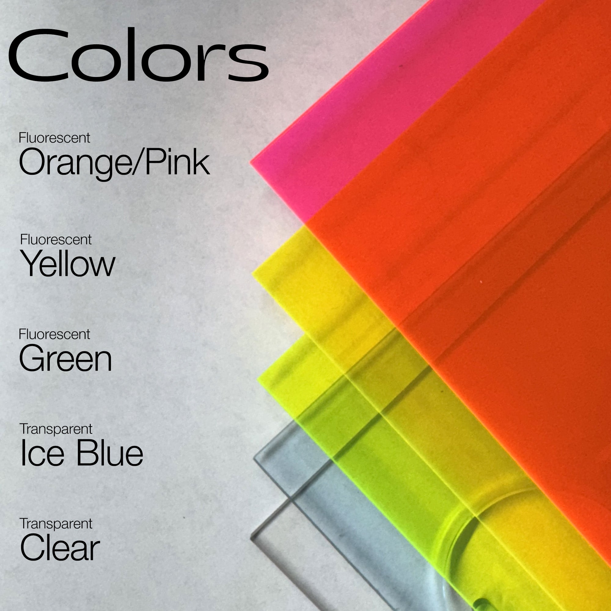 Color swatches including orange/pink, yellow, green, ice blue, and clear on a gray background with text.