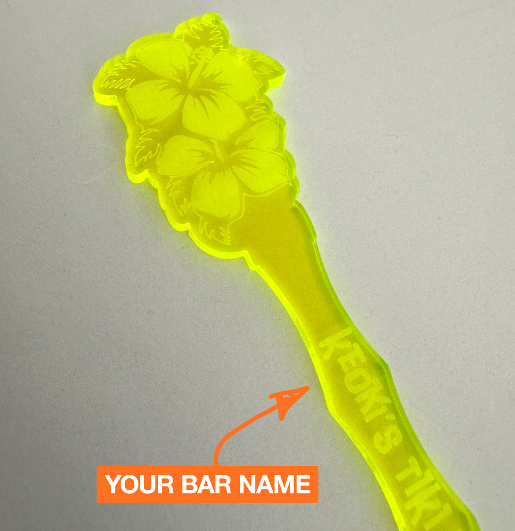Hibiscus Flower Personalized XL Drink Stirrer with 'Your Bar Name' text on a gray background