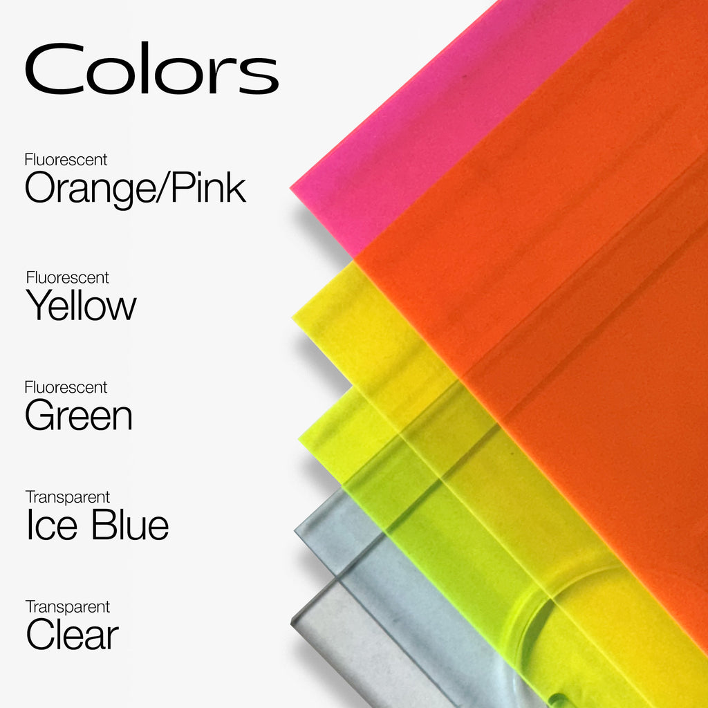 Color swatches of orange, pink, yellow, green, ice blue, and clear on a white background with text indicating color names.