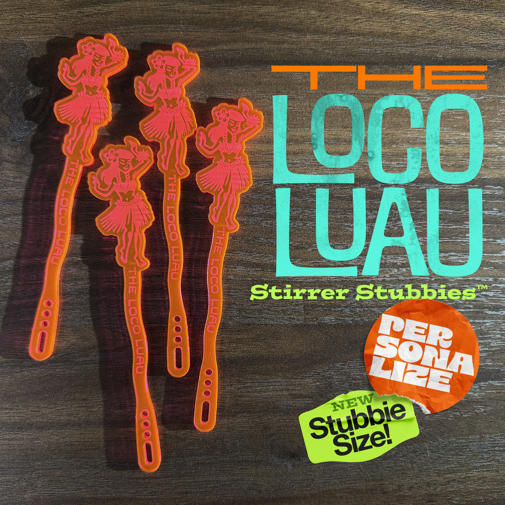 Hula Dancer "Loco Luau" Personalized Stubbie Swizzle Sticks on a wooden background with promotional text.