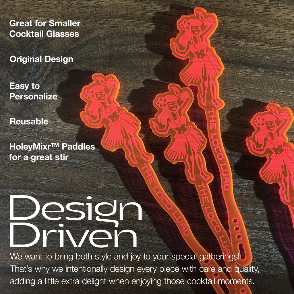 Hula Dancer "Loco Luau" Personalized Stubbie Swizzle Stick designs on a wooden surface, accompanied by promotional text.