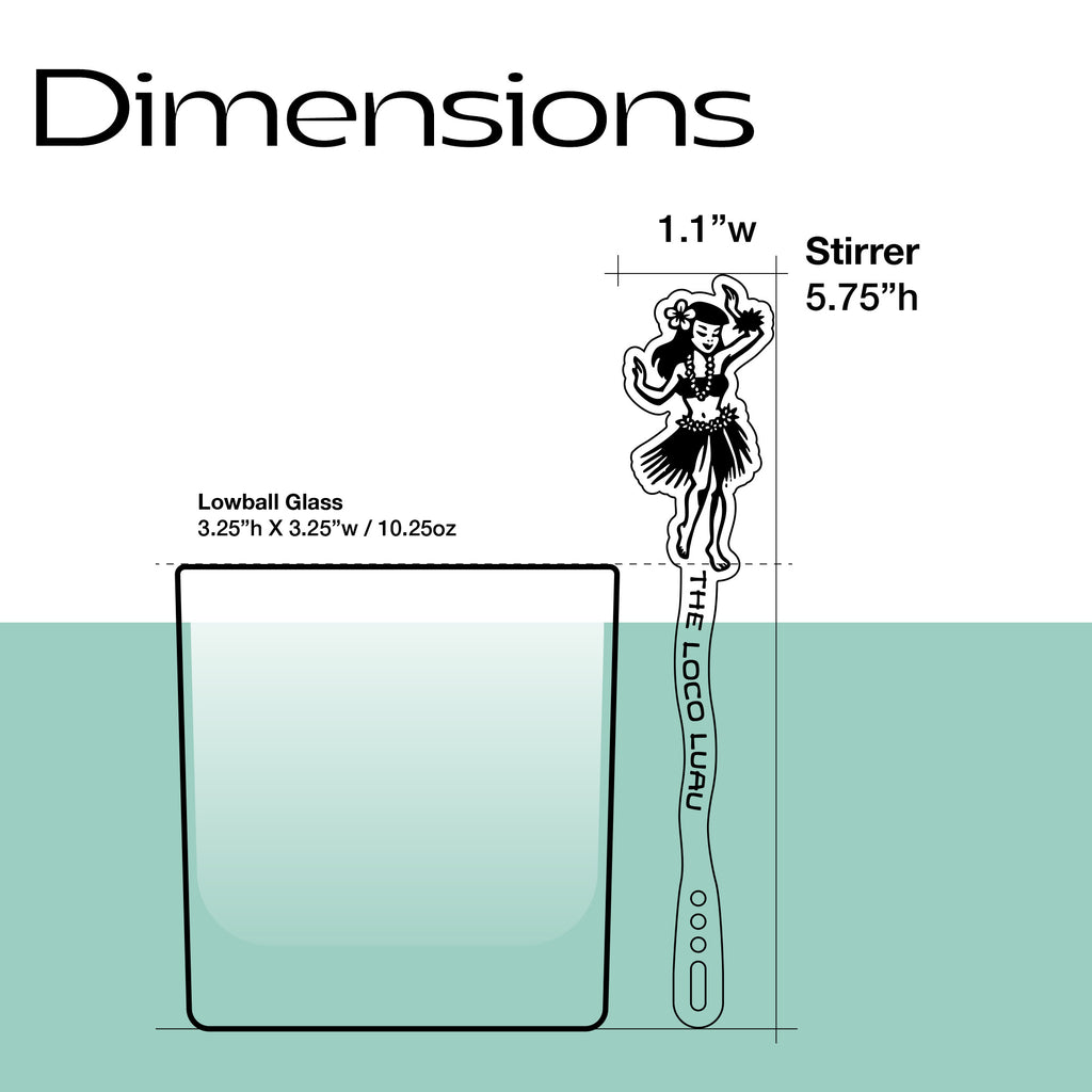Illustration of a lowball glass and a Hula Dancer "Loco Luau" Personalized Stubbie Swizzle Stick with dimensions labeled