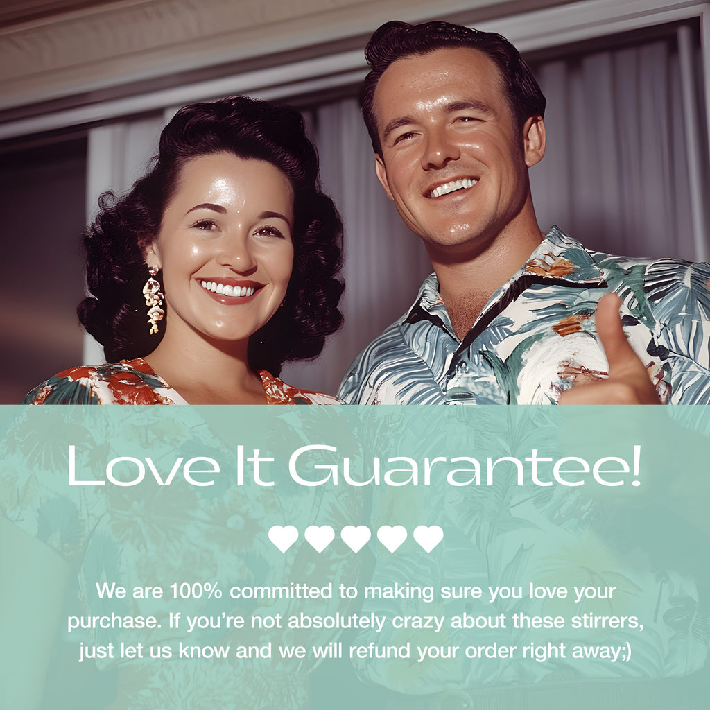 Vintage-style advertisement with a couple smiling and text about a 'Love It Guarantee' for Rivers and Caves Custom Drink Stirrers