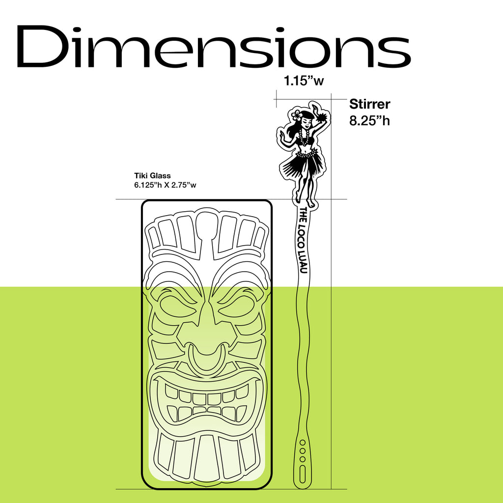 Dimensions of a tiki glass and a Hula Dancer "Loco Luau" Personalized XL Swizzle Stick on a white background.