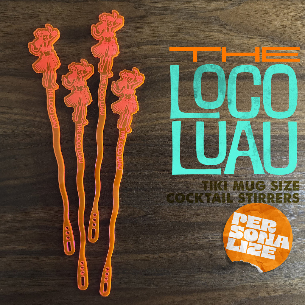 Hula Dancer "Loco Luau" Personalized XL Swizzle Sticks cover branding on a wooden surface.