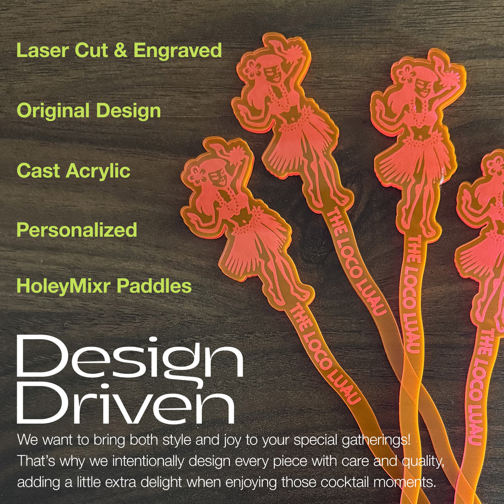 Hula Dancer "Loco Luau" Personalized XL Swizzle Sticks branding on a dark background, featuring text about product features and design philosophy.
