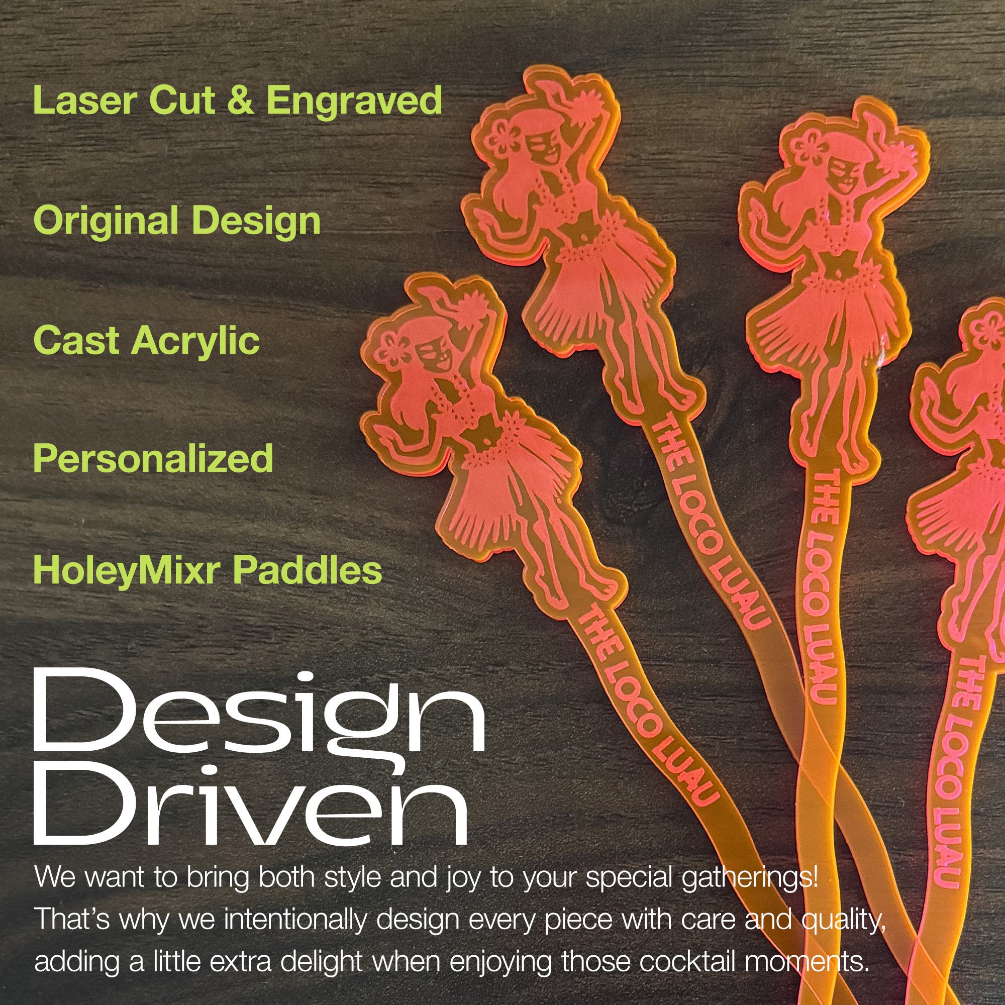 Hula Dancer "Loco Luau" Personalized XL Swizzle Sticks branding on a dark background, featuring text about product features and design philosophy.