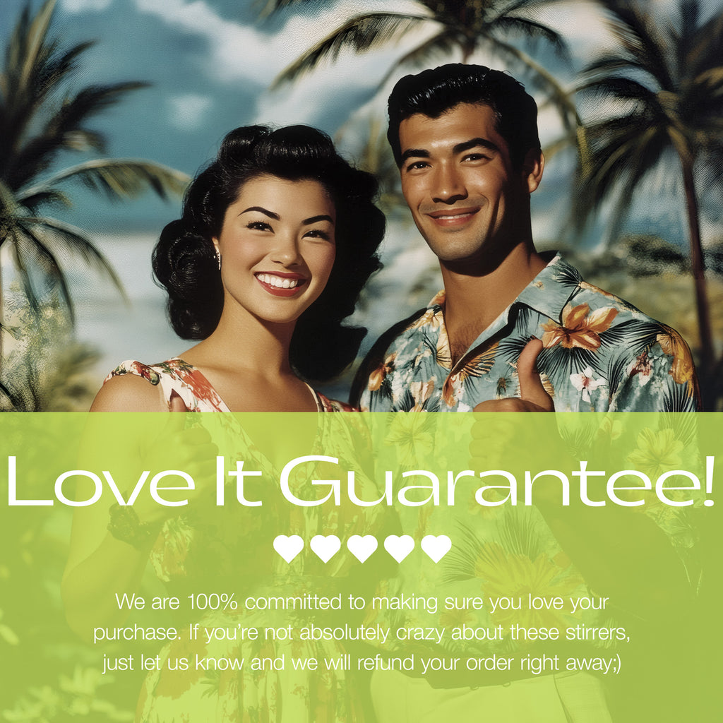 Vintage-style advertisement with a couple in a tropical setting and promotional text. Rivers and Caves Guarantee